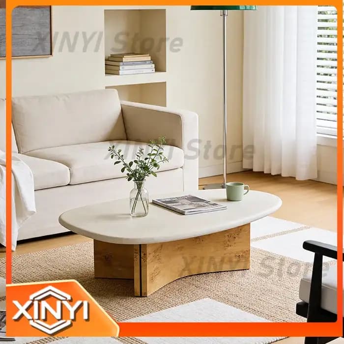 Table basse en bois massif naturel et travertin