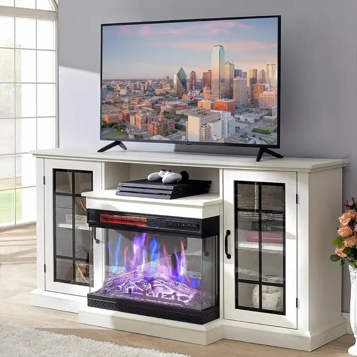 Meuble TV avec cheminée en verre à 3 côtés pour téléviseurs jusqu'à 65 pouces, table console central
