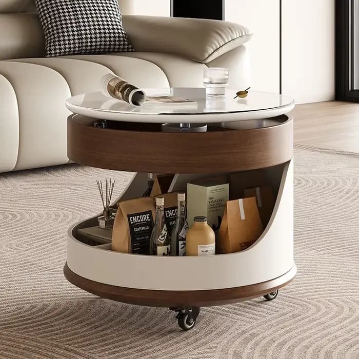 Table basse ronde relevable en chêne de styliste moderne, avec rangement, meubles amovibles pour sal
