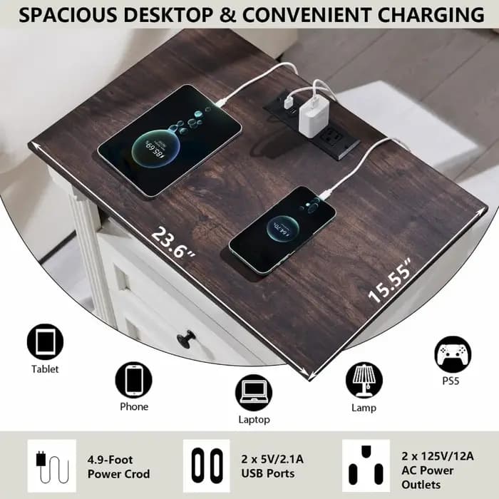 Commode à 2 tiroirs de 26 po de hauteur pour chambre à coucher, grande table de chevet de style farm