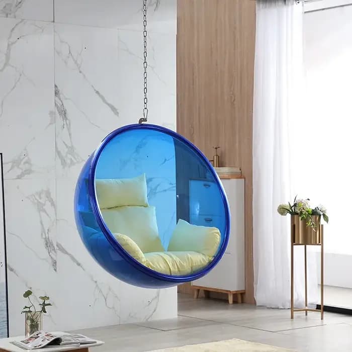Fauteuil suspendu en forme de bulle, fauteuil œuf, meuble design pour salon, balcon et décoration glamour contemporaine