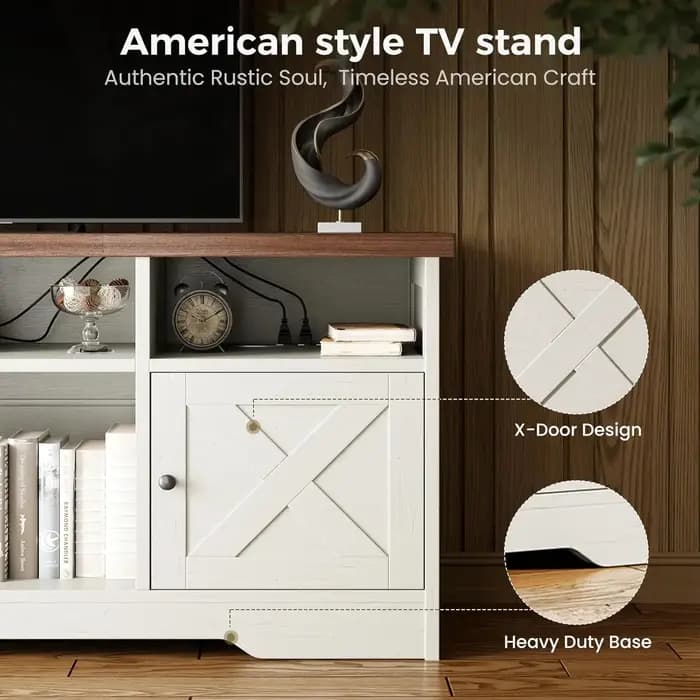 Meuble TV pour téléviseur 65 pouces, centre de divertissement style farmhouse avec prise de courant,