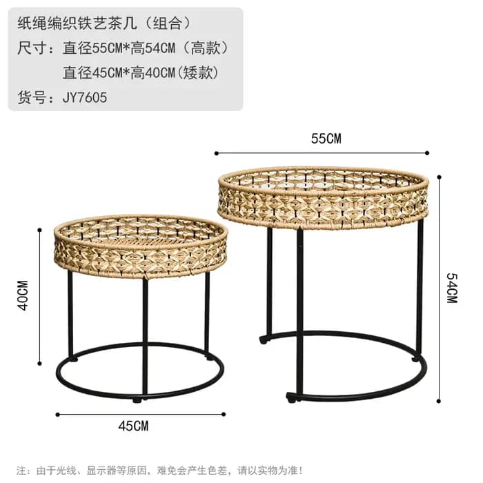 Table basse ronde en rotin de Style japonais, corde tissée, cadre en fer, Table d'appoint à thé pour