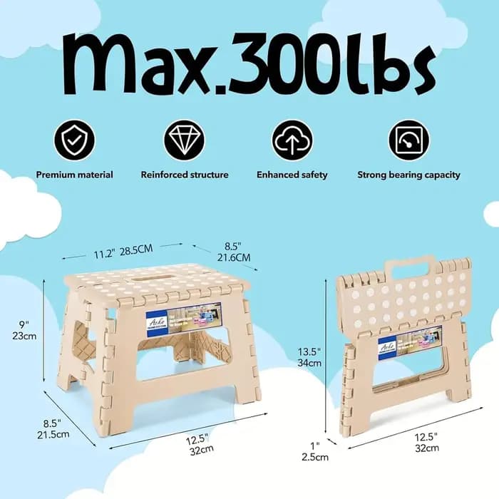 Tabouret pliant de 9 pouces, capacité de 300 lb, tabouret en plastique pour enfants et adultes, poig