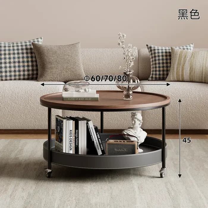 Table d'appoint moderne en bois et acier pour salon, table basse de rangement ronde sur roulettes, m