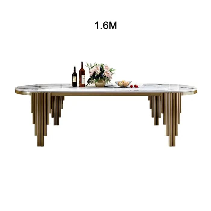 Table de salle à manger Ellipses en marbre avec pieds en acier inoxydable doré, capacité 6-8 personn
