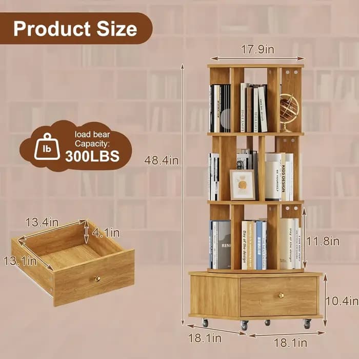 Étagère rotative à 3 niveaux avec tiroirs et roulettes, bibliothèque d'angle 360°, tour de rangement