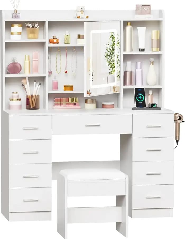 Table de maquillage avec prise électrique, tabouret de maquillage avec 9 tiroirs, 6 étagères de rang
