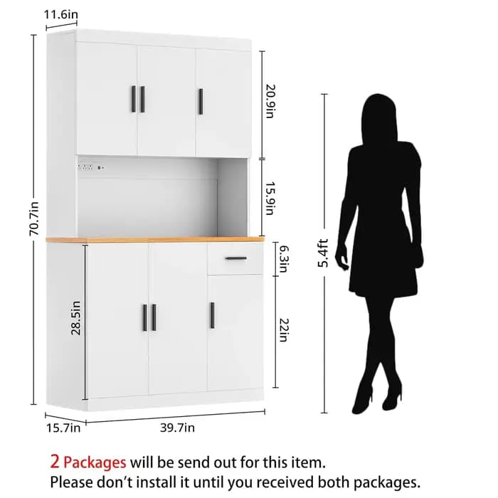 Armoire de cuisine blanche de 71 pouces avec prise de courant, organisateur de rangement de cuisine