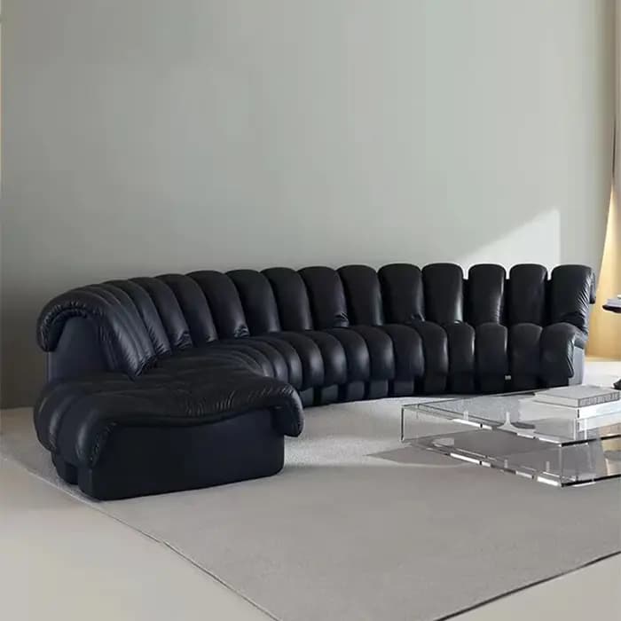 Canapé modulaire incurvé en cuir noir de luxe, unique, style serpent