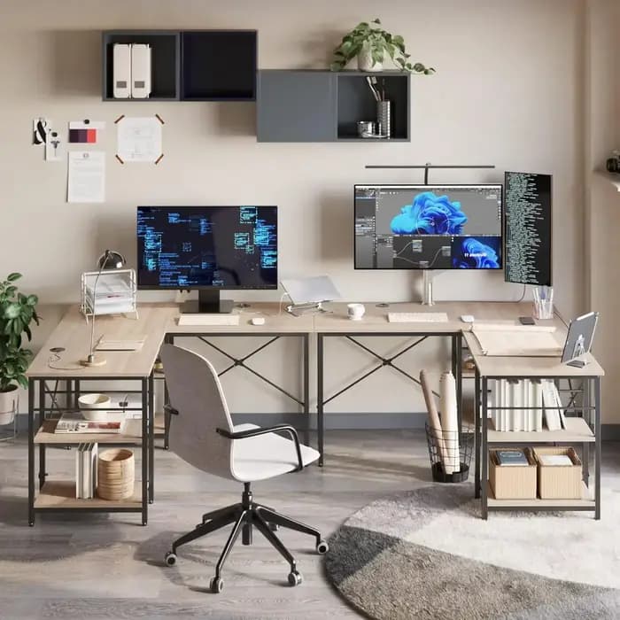 Bureau d'ordinateur d'angle réversible Bestier en forme de L avec étagères de 86,6 pouces ou table l