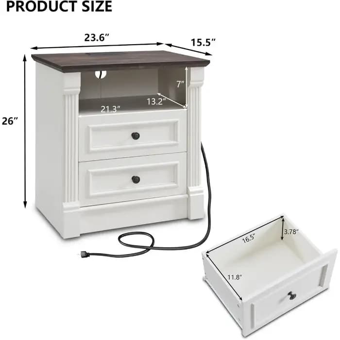 Commode à 2 tiroirs de 26 po de hauteur pour chambre à coucher, grande table de chevet de style farm