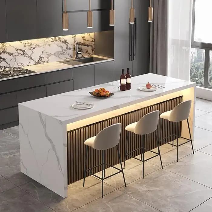 Table de salle à manger îlot en marbre naturel de luxe sur mesure toutes tailles, bar à thé intégré,