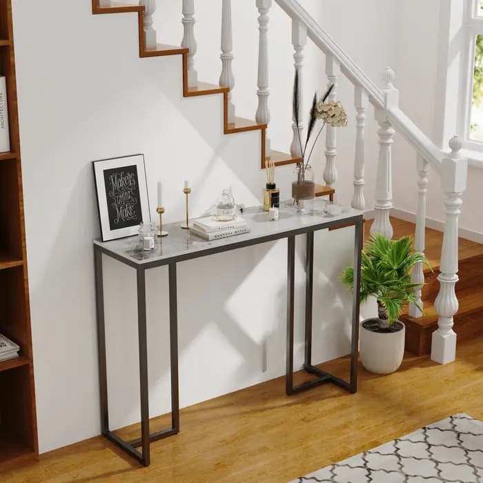 Table Console Moderne en Marbre avec Cadre D.lique, Support Latéral d'Accent, Canapé, Entrée, Hall,