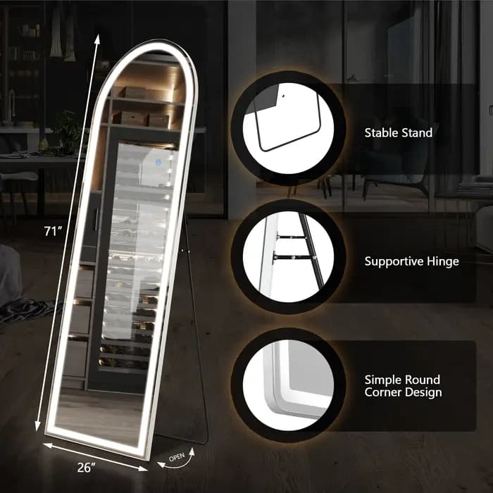 Miroir sur pied ou à suspendre JHK 71"x26" avec éclairage LED à intensité variable, 3 couleurs d'écl