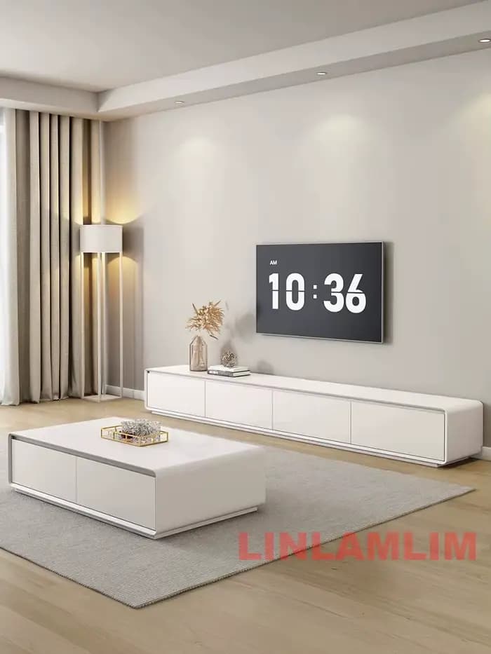 Table basse et meuble TV avec armoires de rangement, ensemble de meubles de salon blancs modernes, ensemble de centre de divertissement contemporain