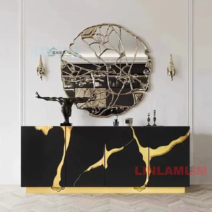 Meuble de rangement brillant pour salon ou salle à manger, buffet/stand TV de luxe noir/blanc avec accents dorés
