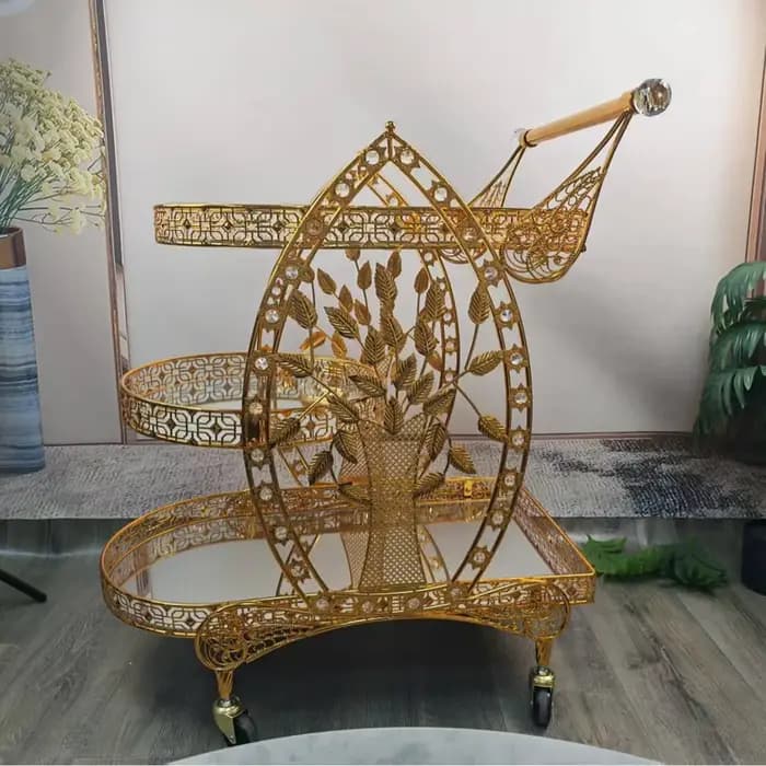 Chariot de restauration haut de gamme en métal et verre, style rétro, pour livraison de plats, desse