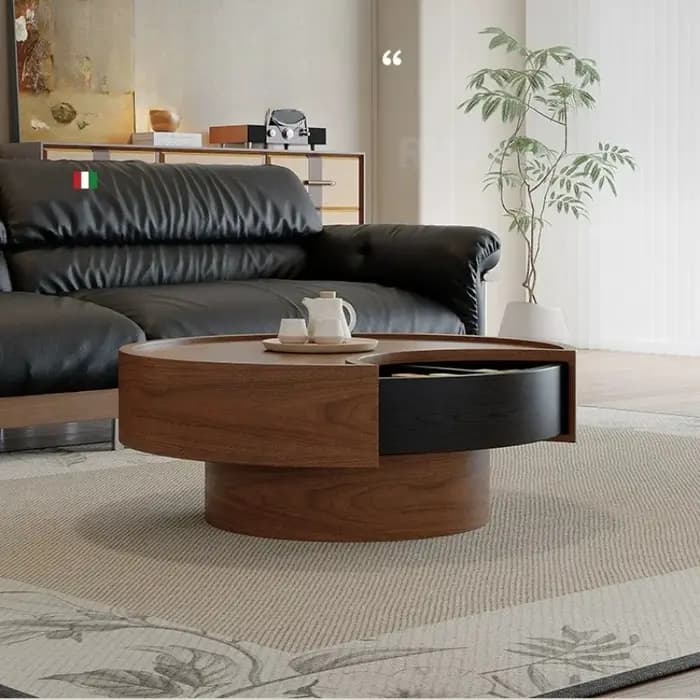 Table d'appoint ronde vintage en bois massif avec rangement