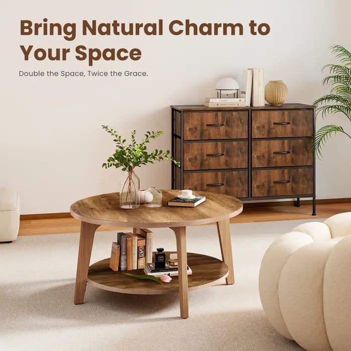 JHK – Table basse ronde en bois de 32 pouces, pour salon, comptoir central à 2 niveaux avec rangemen