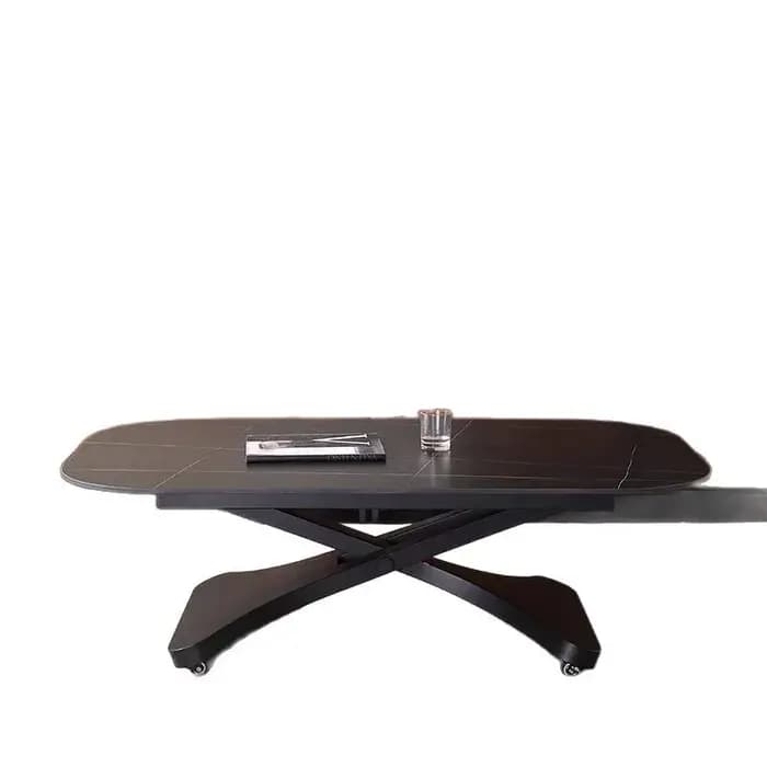 Table basse relevable et table à manger à double usage, multifonctionnelle, pour petit appartement, avec plateau en pierre intégré.