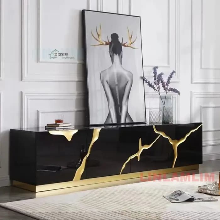 Meuble de rangement brillant pour salon ou salle à manger, buffet/stand TV de luxe noir/blanc avec accents dorés