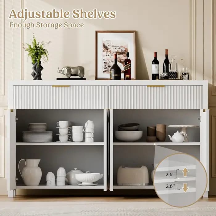Buffet blanc cannelé avec rangement, 55 pouces, grand meuble de rangement en bois avec étagères régl