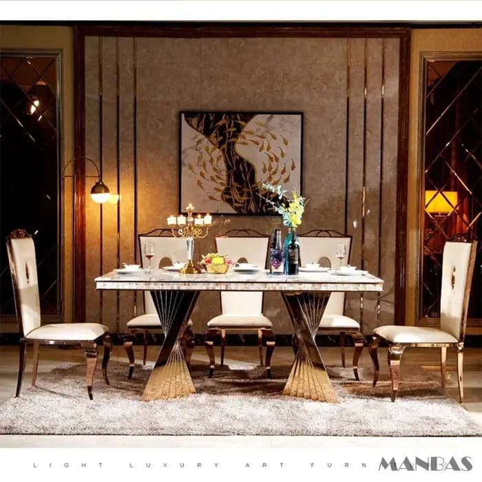 Linlimlam – ensemble de salle à manger de luxe: 6 chaises en cuir véritable en acier inoxydable et Table rectangulaire