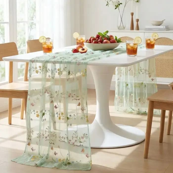 Chemin de table vintage français brodé de fleurs