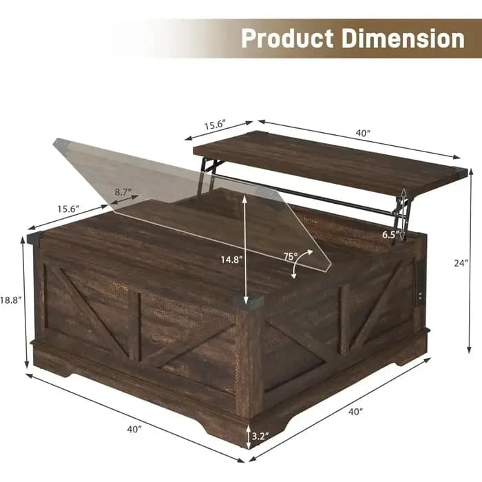 Meilleure vente : Table basse relevable de style farmhouse de 40 pouces avec prises électriques et g