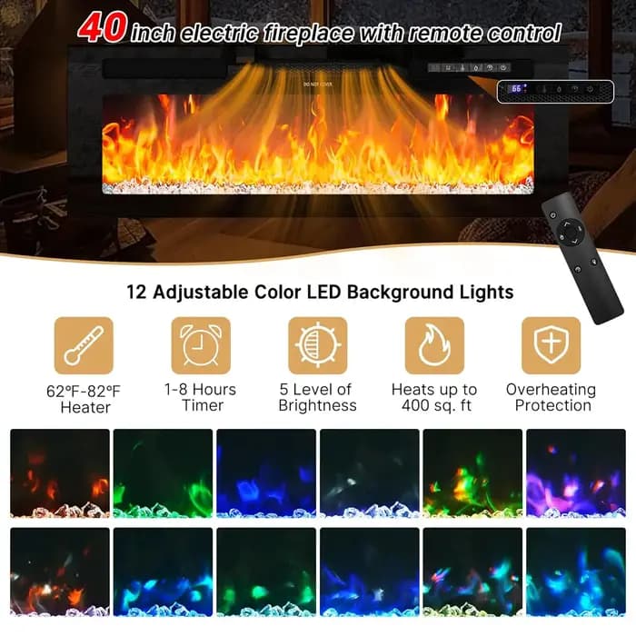 Meuble TV LED 83 pouces avec foyer électrique et prise de courant, surface haute brillance, 2 armoir