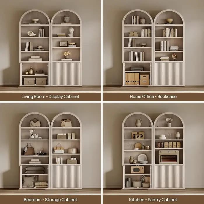 Bibliothèque haute à 5 niveaux avec portes, 82 compartiments arqués, grand rangement, étagères large