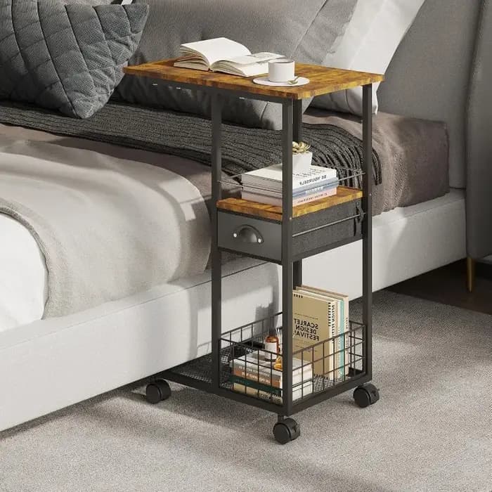 Table d'appoint moderne Vintage roulante, Table d'appoint compacte multifonctionnelle en forme de C