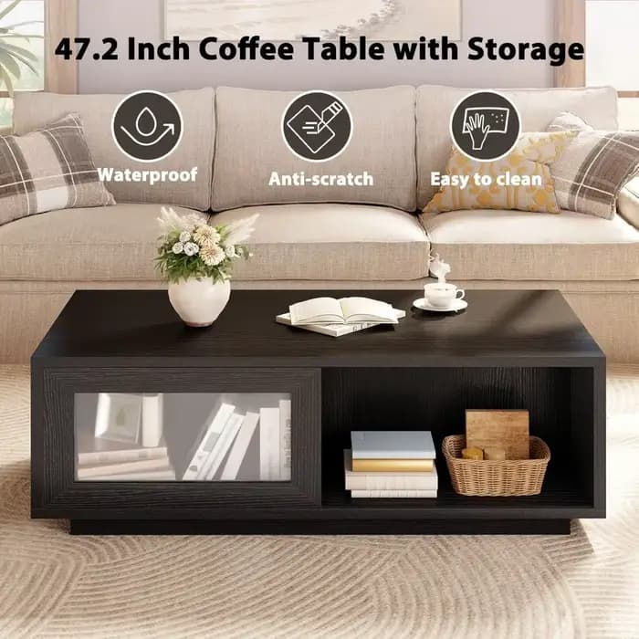 Table basse noire, table basse moderne pour salon, tables basses rectangulaires avec porte coulissan