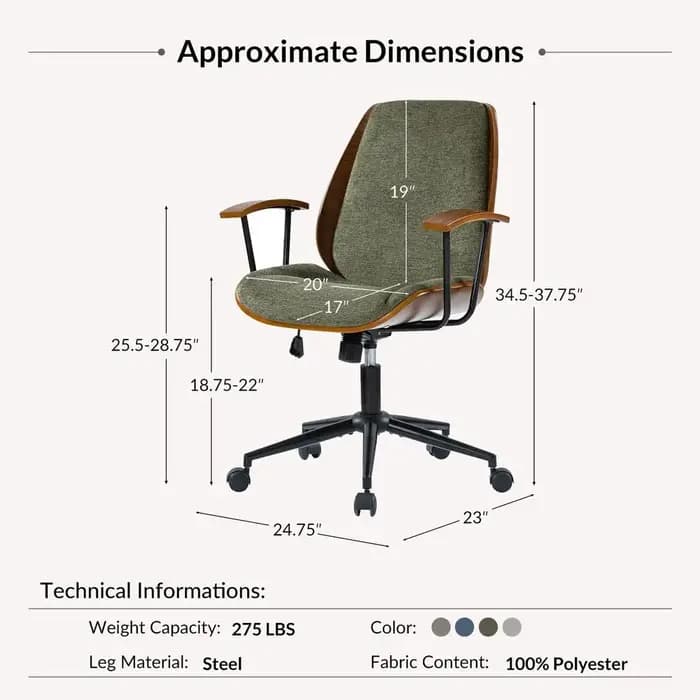 Chaise de bureau ergonomique pivotante avec revêtement en polyester et structure en bois courbé, hau