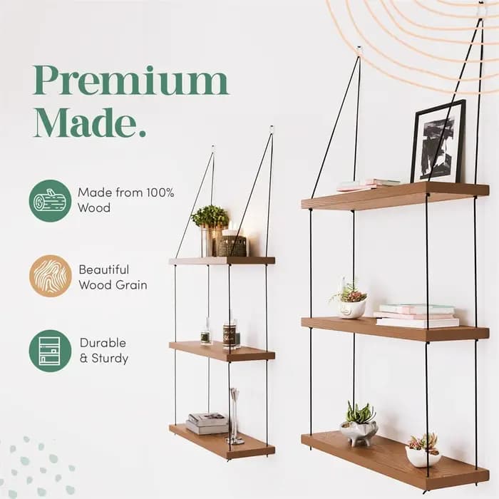 Étagères suspendues – Étagère murale à 3 niveaux – Décor de pièce Boho mignon pour chambre à coucher