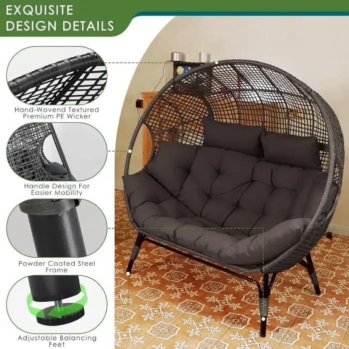 Pour chaise à œufs Double, stationnaire d'intérieur et d'extérieur, coussins rembourrés épais surdimensionnés, causeuse à œufs pour 2 personnes, pour Patio et balcon