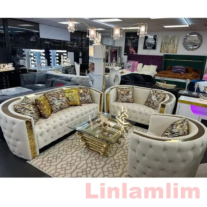 Ensemble de canapés capitonnés en cuir véritable de luxe – Canapé Chesterfield avec dossier incurvé et boutons