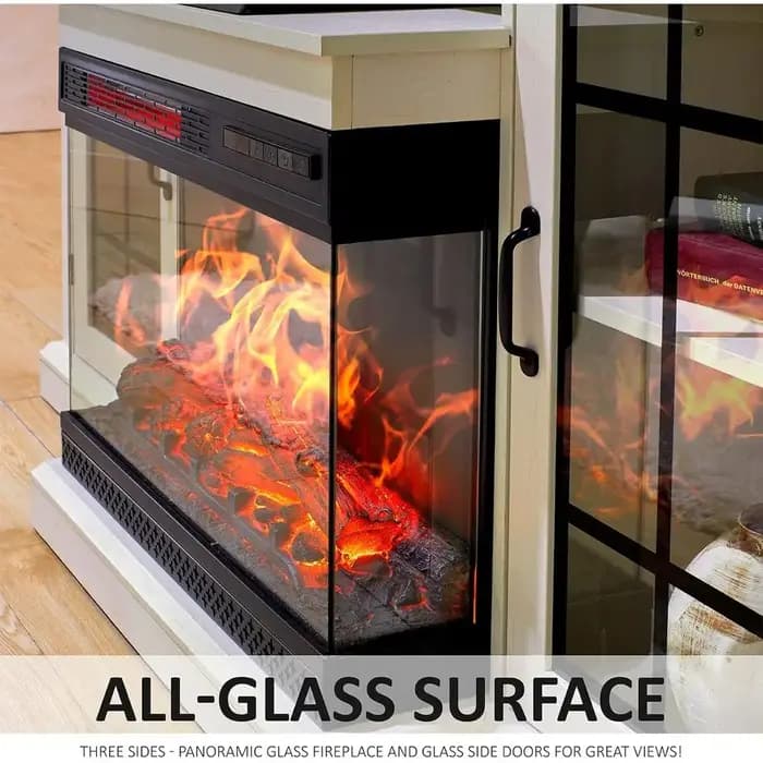 Meuble TV avec cheminée en verre à 3 côtés pour téléviseurs jusqu'à 65 pouces, table console central