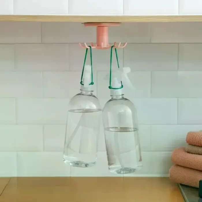 Support adhésif pour ustensiles de cuisine sous l'armoire avec rotation à 360° et 6 crochets pour le rangement