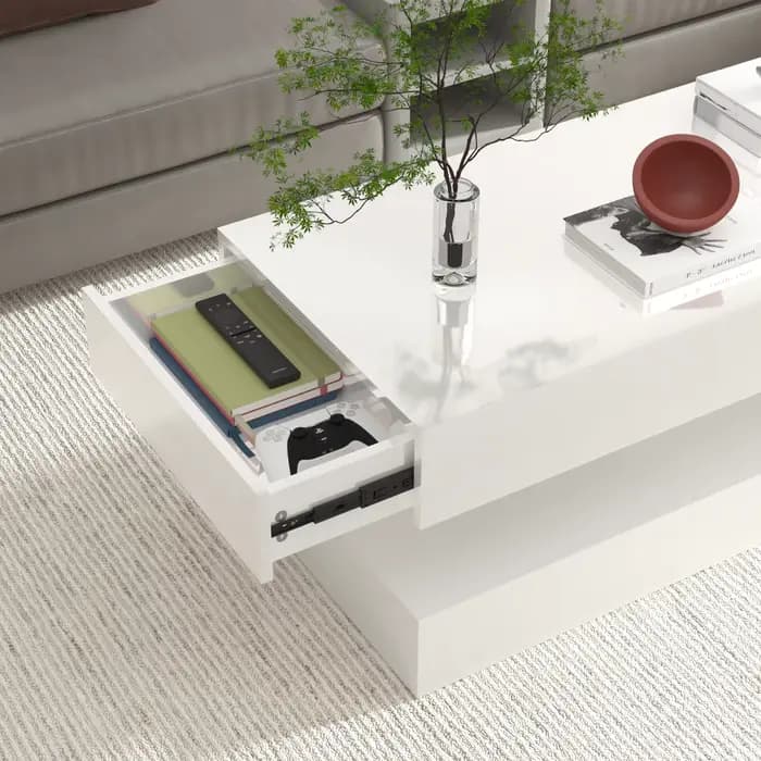 Table basse LED à haute brillance, table centrale moderne avec 2 rangements à proximité, 47,3 pouces