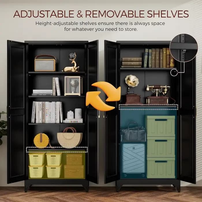 Armoire de garde-manger de cuisine de 75 pouces, armoires de rangement en métal noir avec 2 portes e