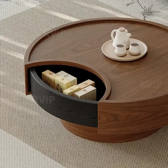 Table d'appoint ronde vintage en bois massif avec rangement