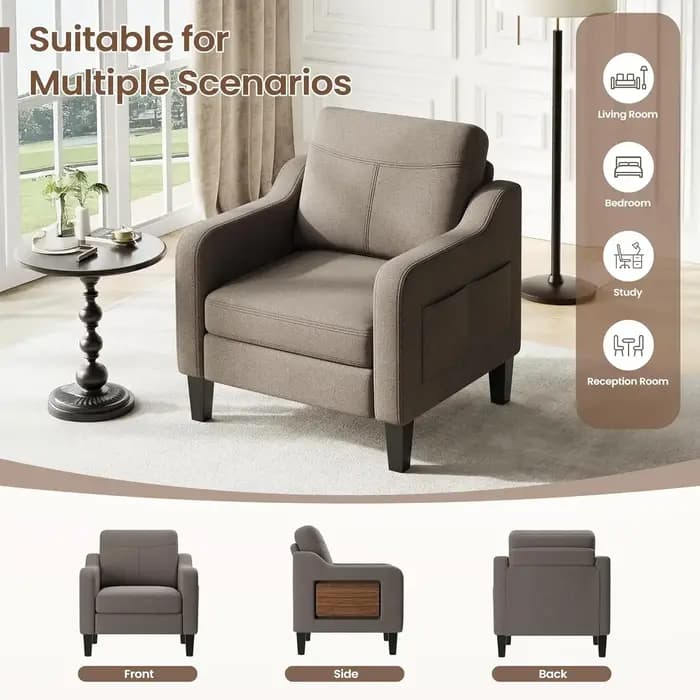 Fauteuil d'appoint pour salon, fauteuil moderne en lin rembourré, canapé en tissu avec table pliable