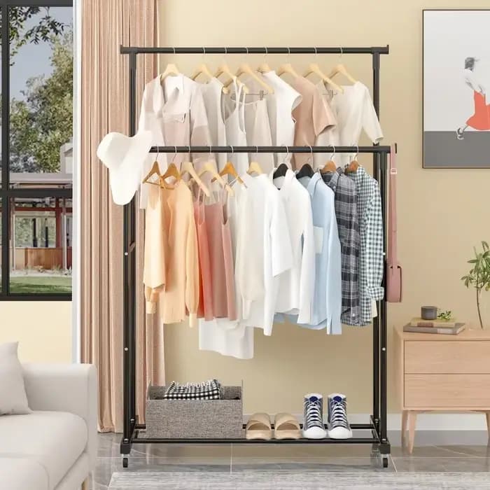 Porte-manteau mobile Double étagère à vêtements tige Simple vêtements sur pied chambre cintres de so