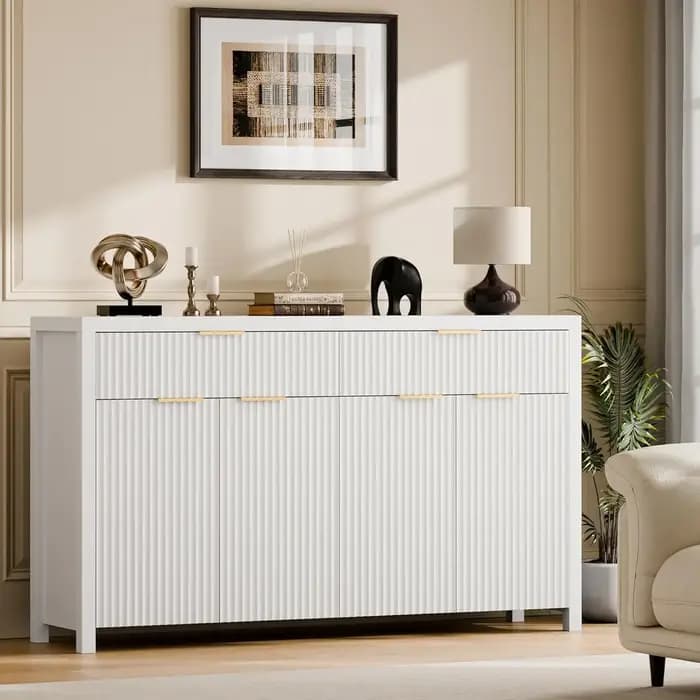 Buffet blanc cannelé avec rangement, 55 pouces, grand meuble de rangement en bois avec étagères régl