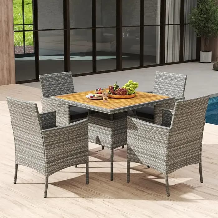 Ensemble de salle à manger de jardin en rotin PE 5 pièces, table, chaises, coussins, terrasse extéri
