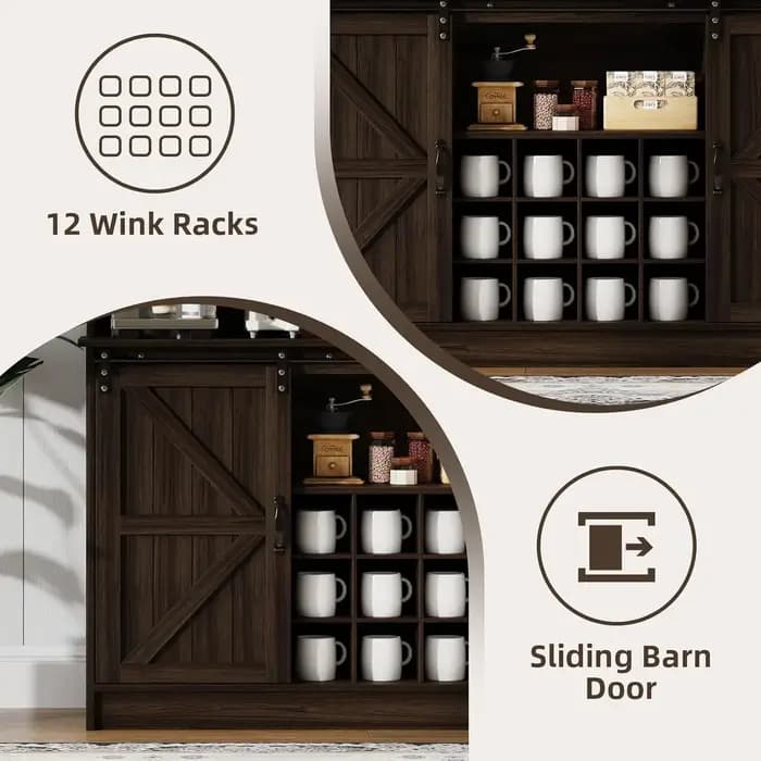 Meuble de bar à café style farmhouse de 55 pouces avec 8 crochets, armoire de cuisine avec rangement