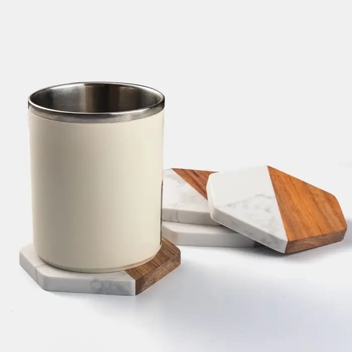 Tapis de tasse à thé Hexagonal en marbre et bois d'acacia