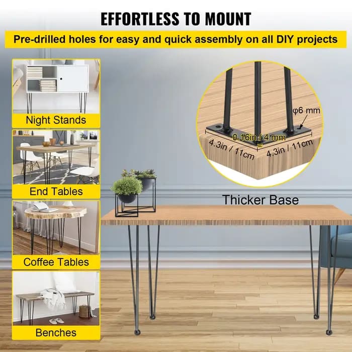 SucceBuy pieds de Table en épingle à cheveux noir, ensemble de 4 pieds de bureau, 3 tiges pour banc,